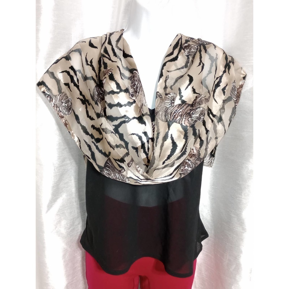 SATIN mesh stripe tiger scarf black tan ivory